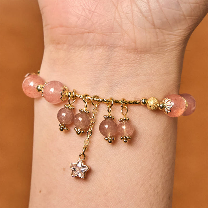 Buddha Stones Natural Strawberry Quartz Four Leaf Clover Star Positive Bracelet - image 3