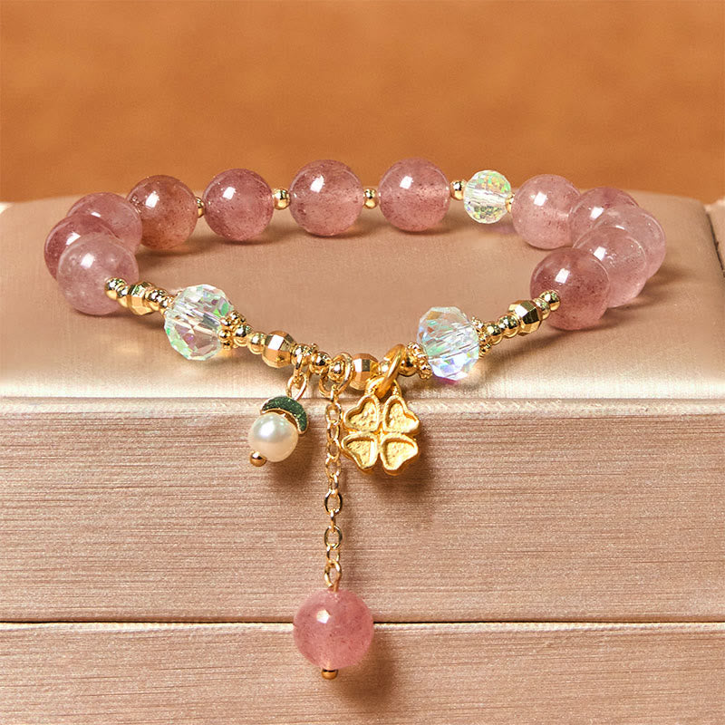 Buddha Stones Natural Strawberry Quartz Four Leaf Clover Healing Bracelet - Strawberry Quartz(Wrist Circumference: 14-18cm) - image 0