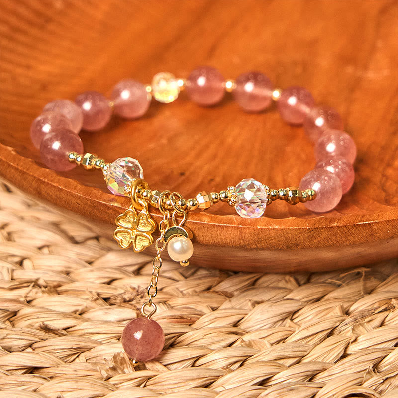 Buddha Stones Natural Strawberry Quartz Four Leaf Clover Healing Bracelet - image 1