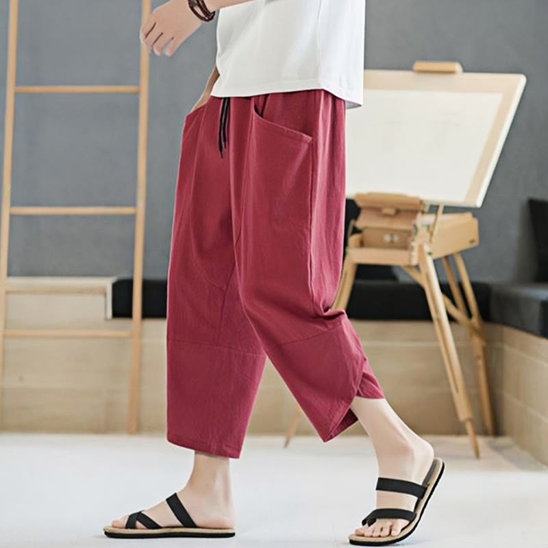 Buddha Stones Summer Men's Solid Color 7-8 Length Drawstring Pants With Pockets - image 28