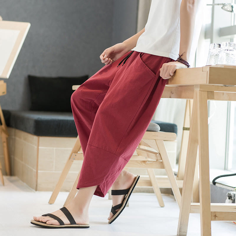 Buddha Stones Summer Men's Solid Color 7-8 Length Drawstring Pants With Pockets - image 34
