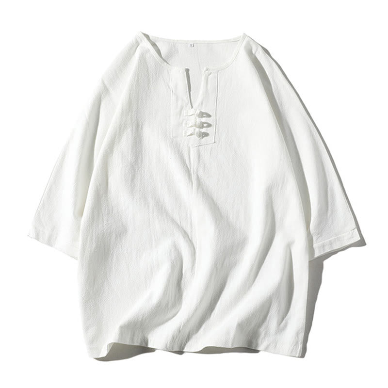 Buddha Stones 2Pcs Plain Notched Collar T-Shirt Wide Leg Shorts With Pockets Men's Meditation Cloth Set - image 16