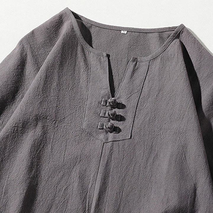 Buddha Stones 2Pcs Plain Notched Collar T-Shirt 7-8 Length Wide Leg Shorts With Pockets Cotton Linen Men's Meditation Cloth Set - image 4