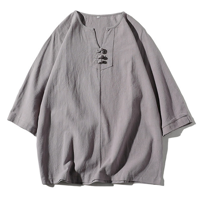 Buddha Stones 2Pcs Plain Notched Collar T-Shirt 7-8 Length Wide Leg Shorts With Pockets Cotton Linen Men's Meditation Cloth Set - image 21