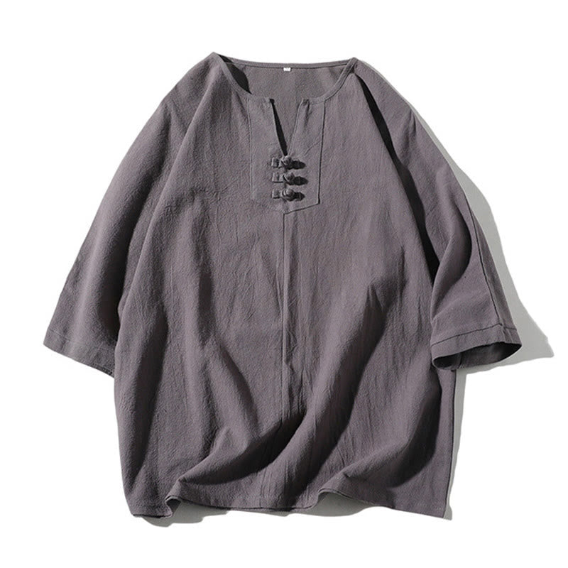 Buddha Stones 2Pcs Plain Notched Collar T-Shirt 7-8 Length Wide Leg Shorts With Pockets Cotton Linen Men's Meditation Cloth Set - image 1