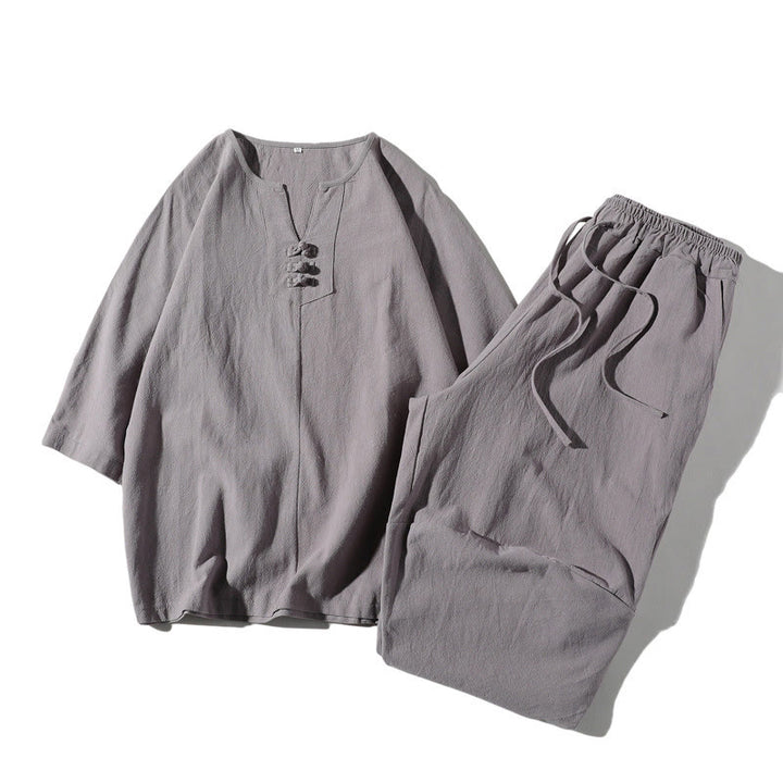 Buddha Stones 2Pcs Plain Notched Collar T-Shirt 7-8 Length Wide Leg Shorts With Pockets Cotton Linen Men's Meditation Cloth Set - Silver - US/UK/AU46，EU56 (5XL) - image 19