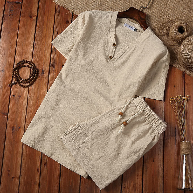 Buddha Stones 2Pcs Plain Notched Collar Short Sleeve T-Shirt Shorts With Pockets Cotton Linen Men's Meditation Cloth Set - Khaki - US/UK/AU44，EU54 (5XL) - image 0