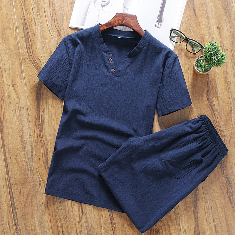 Buddha Stones Casual 2Pcs Plain Sleeve T-Shirt Shorts With Pockets Cotton Linen Men's Meditation Cloth Set - MidnightBlue - US/UK/AU46，EU56 (5XL) - image 8