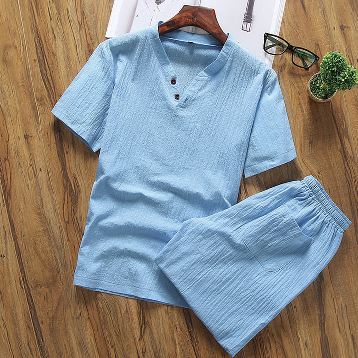 Buddha Stones Casual 2Pcs Plain Sleeve T-Shirt Shorts With Pockets Cotton Linen Men's Meditation Cloth Set - DeepSkyBlue - US/UK/AU46，EU56 (5XL) - image 9