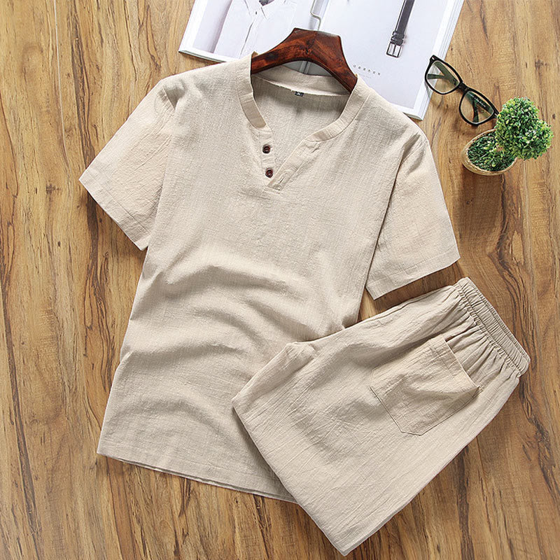 Buddha Stones Casual 2Pcs Plain Sleeve T-Shirt Shorts With Pockets Cotton Linen Men's Meditation Cloth Set - PaleGoldenrod - US/UK/AU46，EU56 (5XL) - image 0