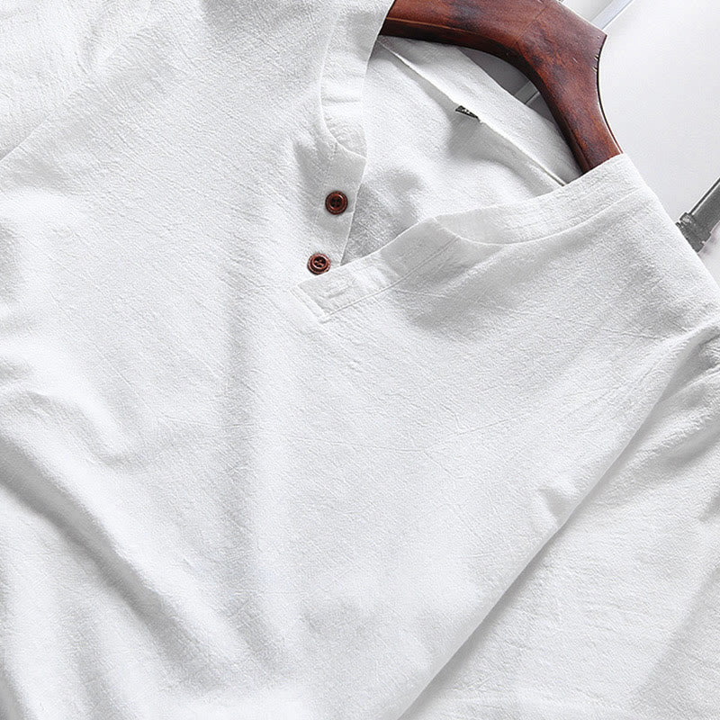 Buddha Stones Casual 2Pcs Plain Sleeve T-Shirt Shorts With Pockets Cotton Linen Men's Meditation Cloth Set - image 2