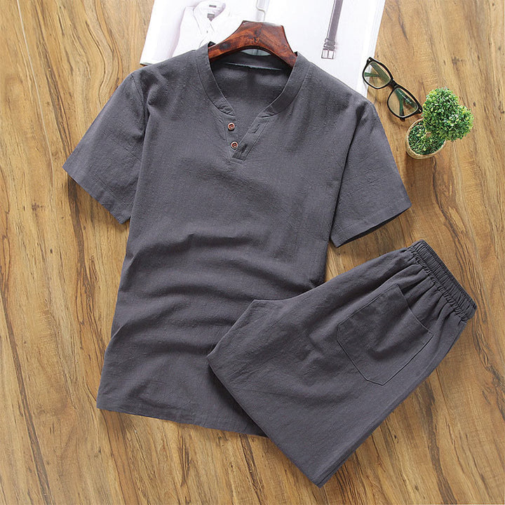 Buddha Stones Casual 2Pcs Plain Sleeve T-Shirt Shorts With Pockets Cotton Linen Men's Meditation Cloth Set - DimGray - US/UK/AU46，EU56 (5XL) - image 5