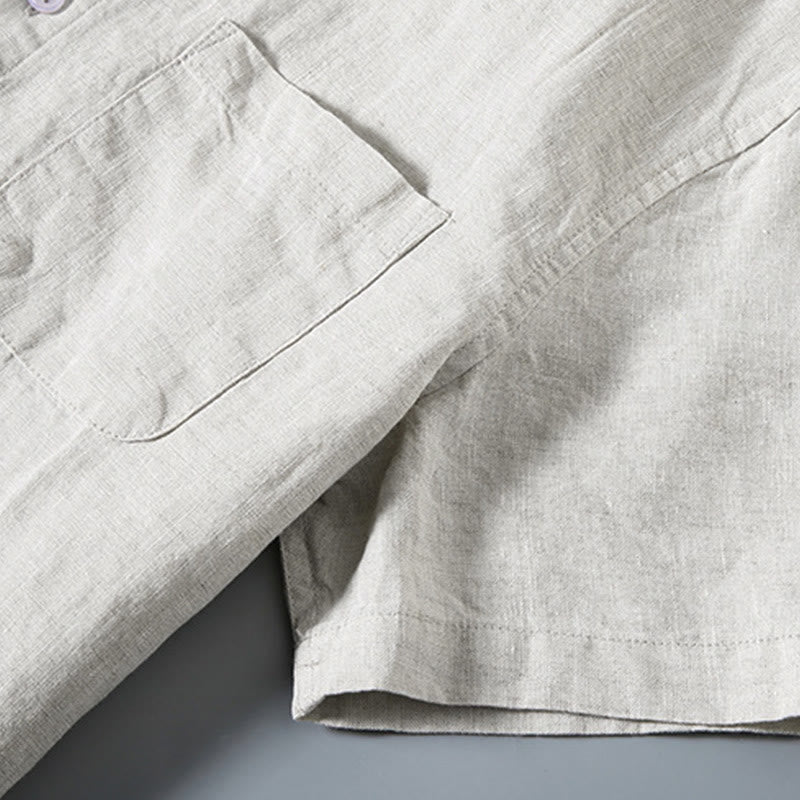 Buddha Stones Summer Casual Pure Color Button Cotton Men's Short Sleeve Shirt WIth Pocket - image 2