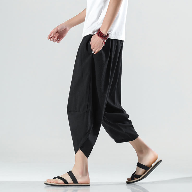 Buddha Stones Plain Simple Design Drawstring 7-8 Length Linen Men's Harem Pants With Pockets - Black - US/UK/AU46，EU56 (5XL) - image 6