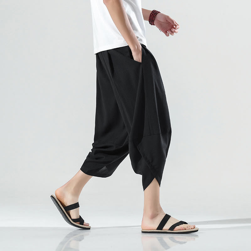 Buddha Stones Plain Simple Design Drawstring 7-8 Length Linen Men's Harem Pants With Pockets - image 8