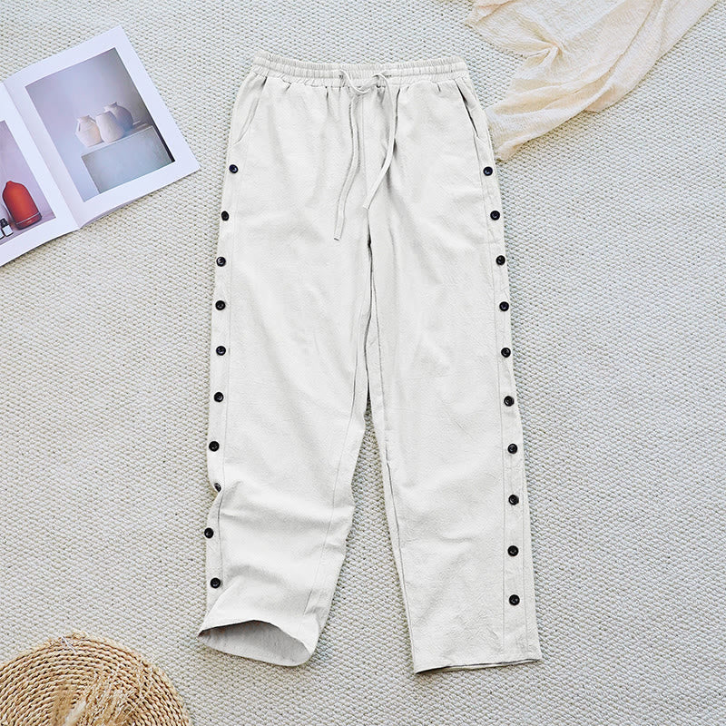 Buddha Stones Summer Plain Patchwork Design Drawstring Cotton Linen Women's Pants With Pockets - White - US12，UK/AU16，EU44 (2XL) - image 0
