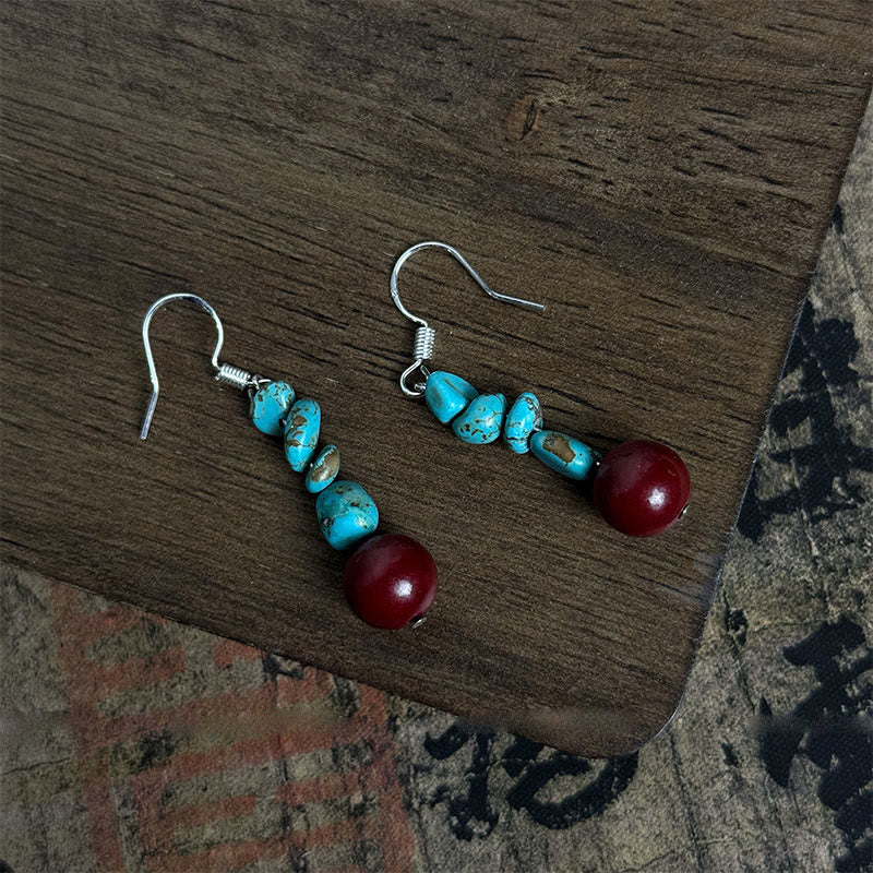 Buddha Stones Tibetan 925 Sterling Silver Turquoise Cinnabar beads Protection Earrings - image 1