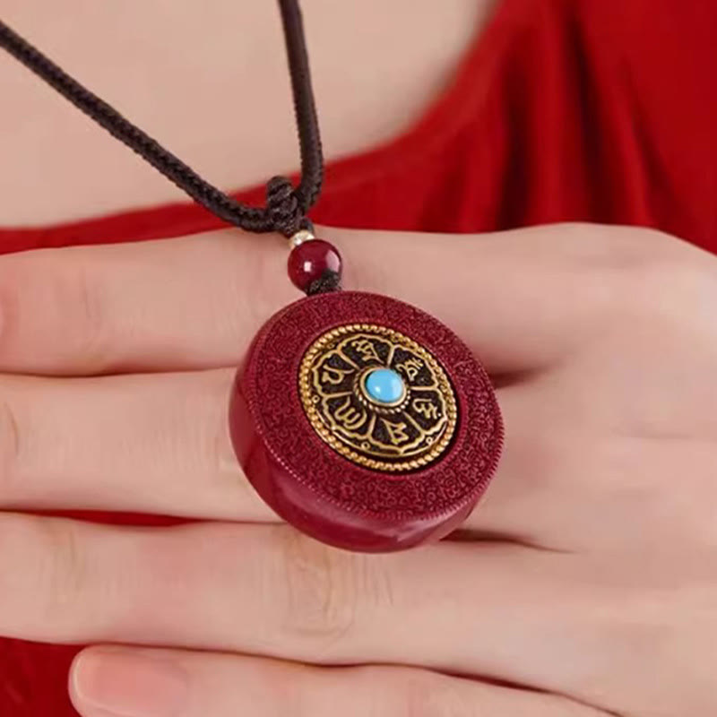 Buddha Stones Natural Cinnabar Om Mani Padme Hum Rotatable Scripture Yin Yang Pattern Blessing Necklace String Pendant - image 2