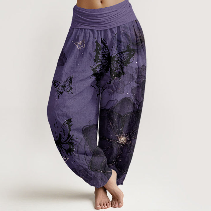 Buddha Stones Cotton Butterfly Flowers Pattern Women's Elastic Waist Harem Pants - DarkViolet - US22，UK/AU26，EU54 (6XL) - image 0