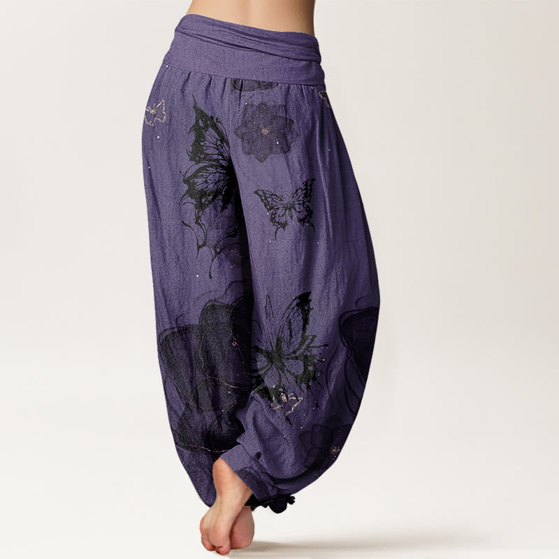 Buddha Stones Cotton Butterfly Flowers Pattern Women's Elastic Waist Harem Pants - image 1