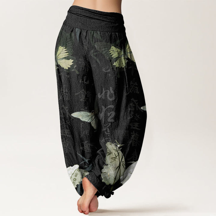 Buddha Stones Cotton Butterfly Bamboo Leaves Chinese Characters Pattern Women's Elastic Waist Harem Pants - image 1