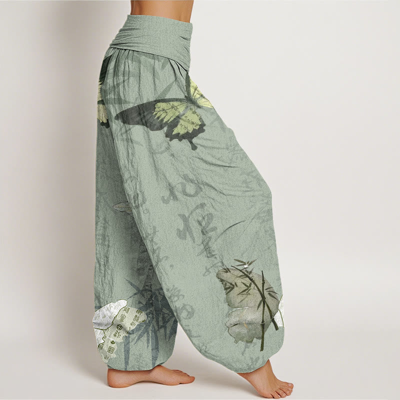 Buddha Stones Cotton Butterfly Bamboo Leaves Chinese Characters Pattern Women's Elastic Waist Harem Pants - image 6