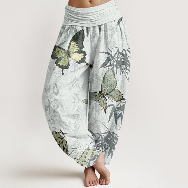 Buddha Stones Cotton Butterfly Bamboo Leaves Chinese Characters Pattern Women's Elastic Waist Harem Pants - Honeydew - US22，UK/AU26，EU54 (6XL) - image 7