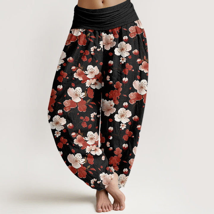 Buddha Stones Cotton Pink Red Peach Blossoms Design Women's Elastic Waist Harem Pants - Black - US22，UK/AU26，EU54 (6XL) - image 0