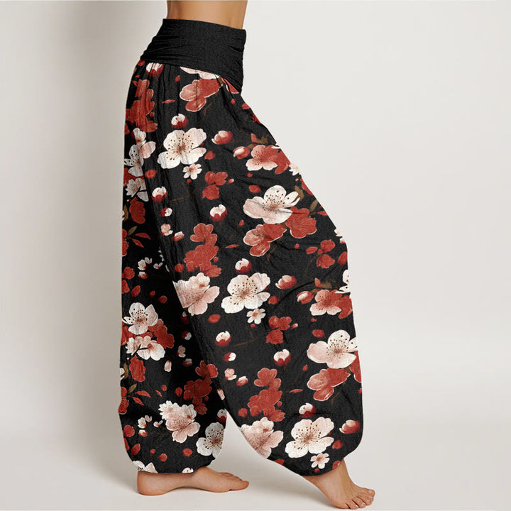 Buddha Stones Cotton Pink Red Peach Blossoms Design Women's Elastic Waist Harem Pants - image 2