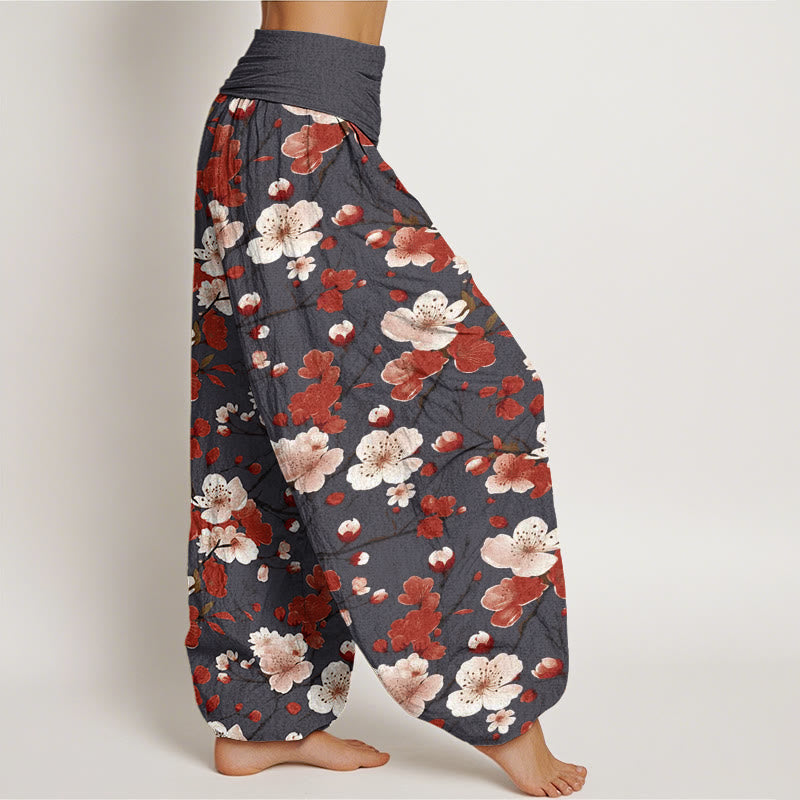 Buddha Stones Cotton Pink Red Peach Blossoms Design Women's Elastic Waist Harem Pants - image 9