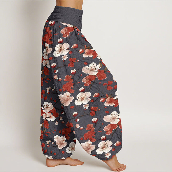 Buddha Stones Cotton Pink Red Peach Blossoms Design Women's Elastic Waist Harem Pants - image 9