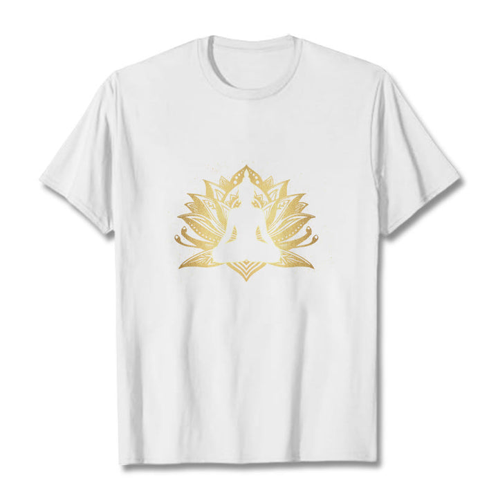 Buddha Stones Golden Lotus Meditation Buddha Tee T-shirt - White - 2XL - image 5
