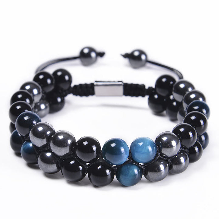 Buddha Stones Natural Blue Tiger Eye Black Magnetite Black Obsidian Double Row Beads Protection Bracelet - image 9
