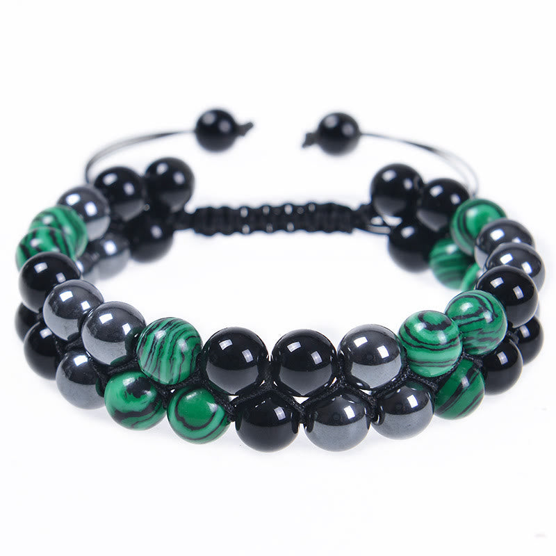 Buddha Stones Natural Malachite Black Magnetite Black Obsidian Double Row Beads Anti-Anxiety Bracelet - image 9