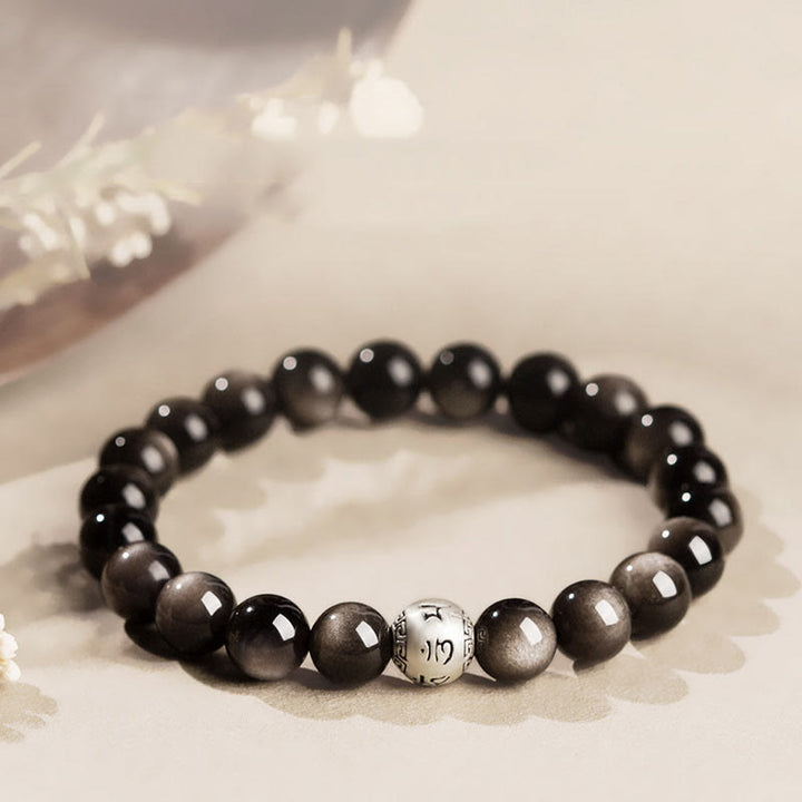 Buddha Stones Natural Silver Sheen Obsidian Om Mani Padme Hum Protection Bracelet - 6mm - image 0