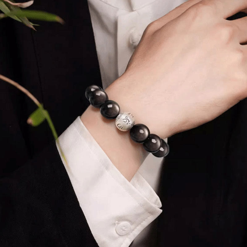 Buddha Stones Natural Silver Sheen Obsidian Om Mani Padme Hum Protection Bracelet - image 11