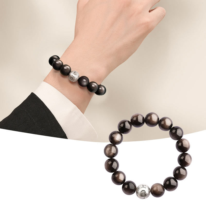 Buddha Stones Natural Silver Sheen Obsidian Om Mani Padme Hum Protection Bracelet - 12mm - image 10