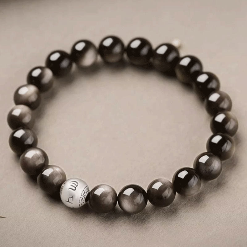 Buddha Stones Natural Silver Sheen Obsidian Om Mani Padme Hum Protection Bracelet - image 2