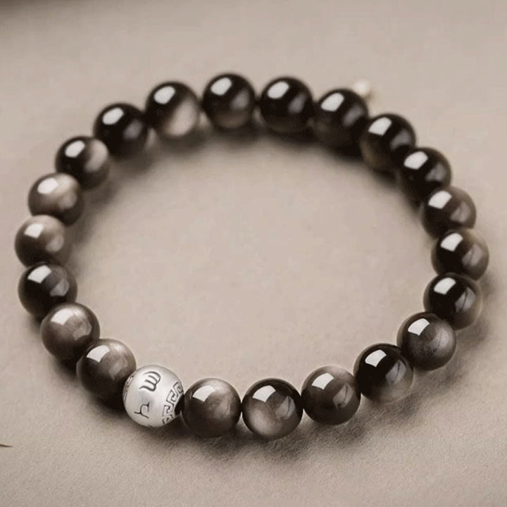 Buddha Stones Natural Silver Sheen Obsidian Om Mani Padme Hum Protection Bracelet - image 2