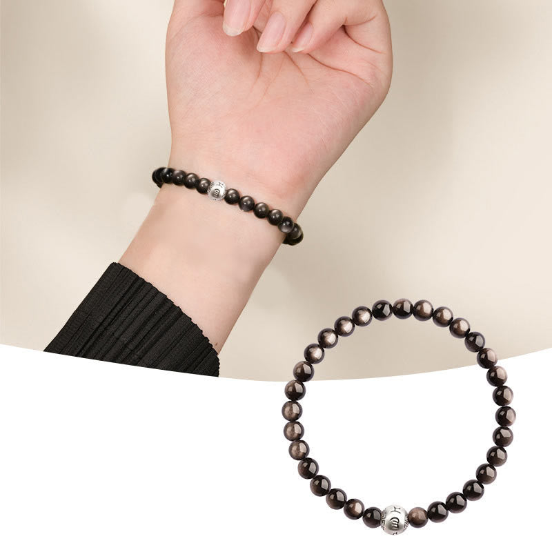 Buddha Stones Natural Silver Sheen Obsidian Om Mani Padme Hum Protection Bracelet - image 1