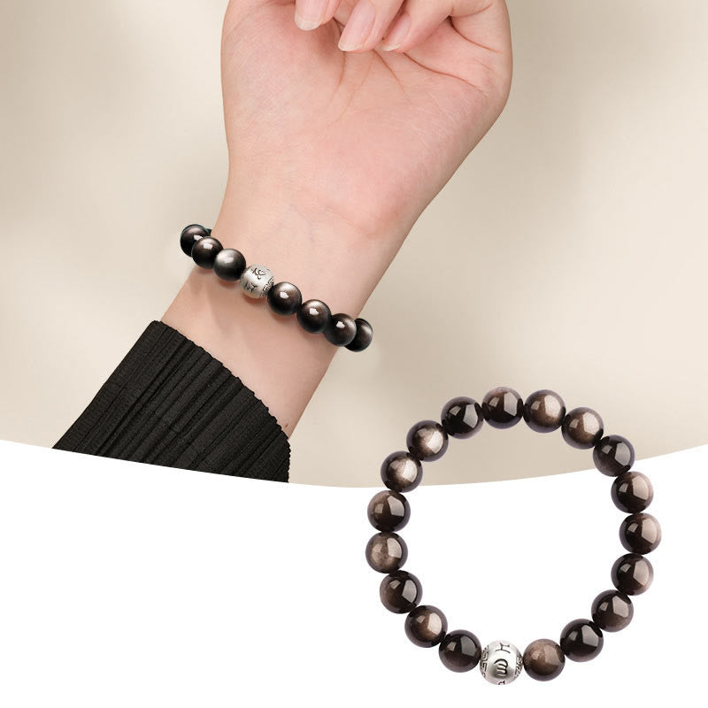 Buddha Stones Natural Silver Sheen Obsidian Om Mani Padme Hum Protection Bracelet - 10mm - image 9