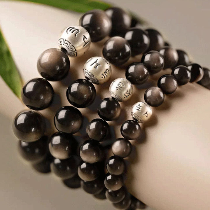 Buddha Stones Natural Silver Sheen Obsidian Om Mani Padme Hum Protection Bracelet - image 15