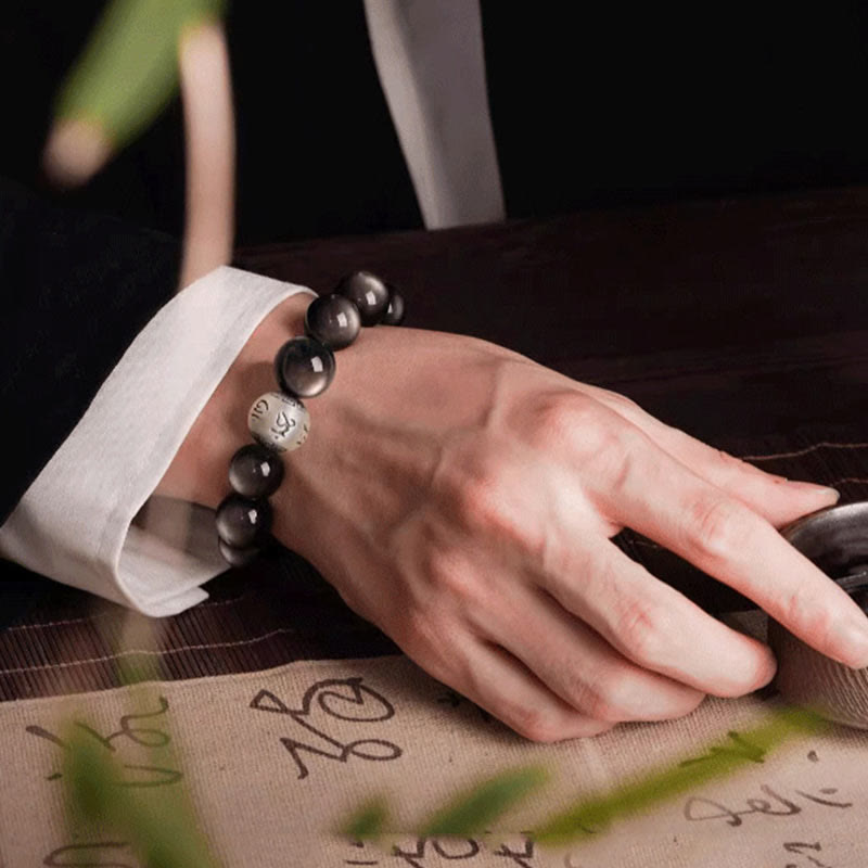 Buddha Stones Natural Silver Sheen Obsidian Om Mani Padme Hum Protection Bracelet - image 12