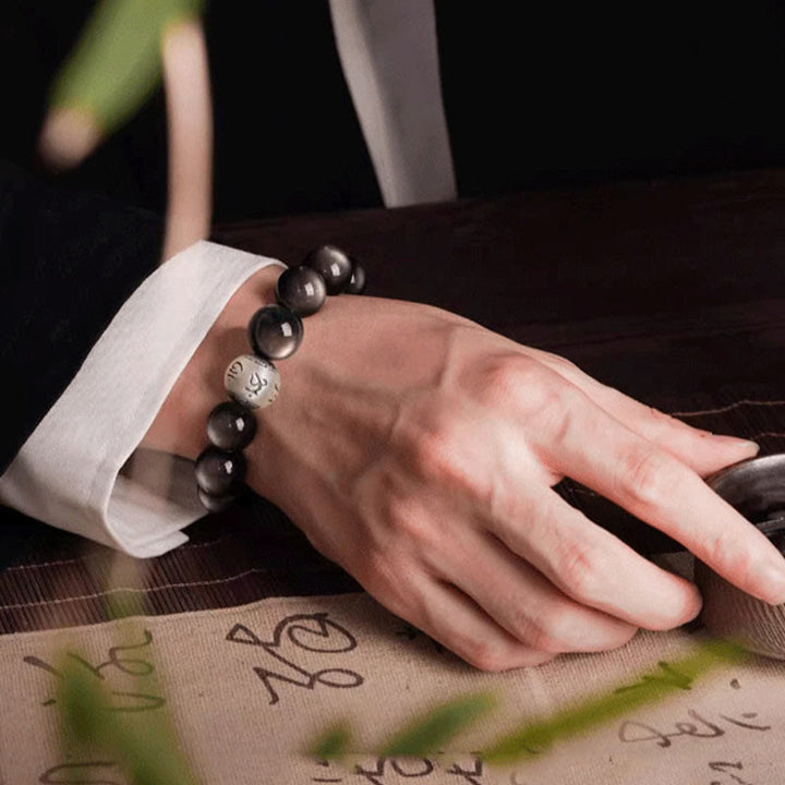 Buddha Stones Natural Silver Sheen Obsidian Om Mani Padme Hum Protection Bracelet - image 12