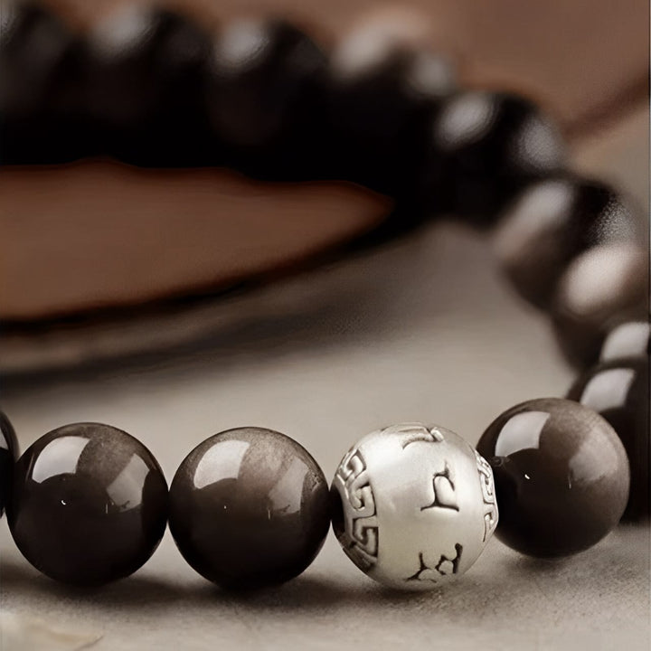 Buddha Stones Natural Silver Sheen Obsidian Om Mani Padme Hum Protection Bracelet - image 19