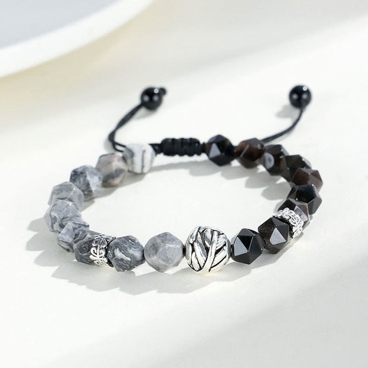 Buddha Stones Natural Irregular Cut Obsidian Grey Jasper 925 Sterling Silver Rolled Leaf Bead Protection Bracelet - Obsidian&Grey Jasper-8mm - image 9