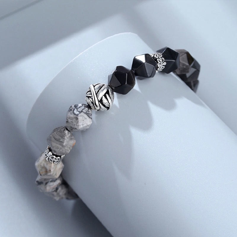 Buddha Stones Natural Irregular Cut Obsidian Grey Jasper 925 Sterling Silver Rolled Leaf Bead Protection Bracelet - image 3