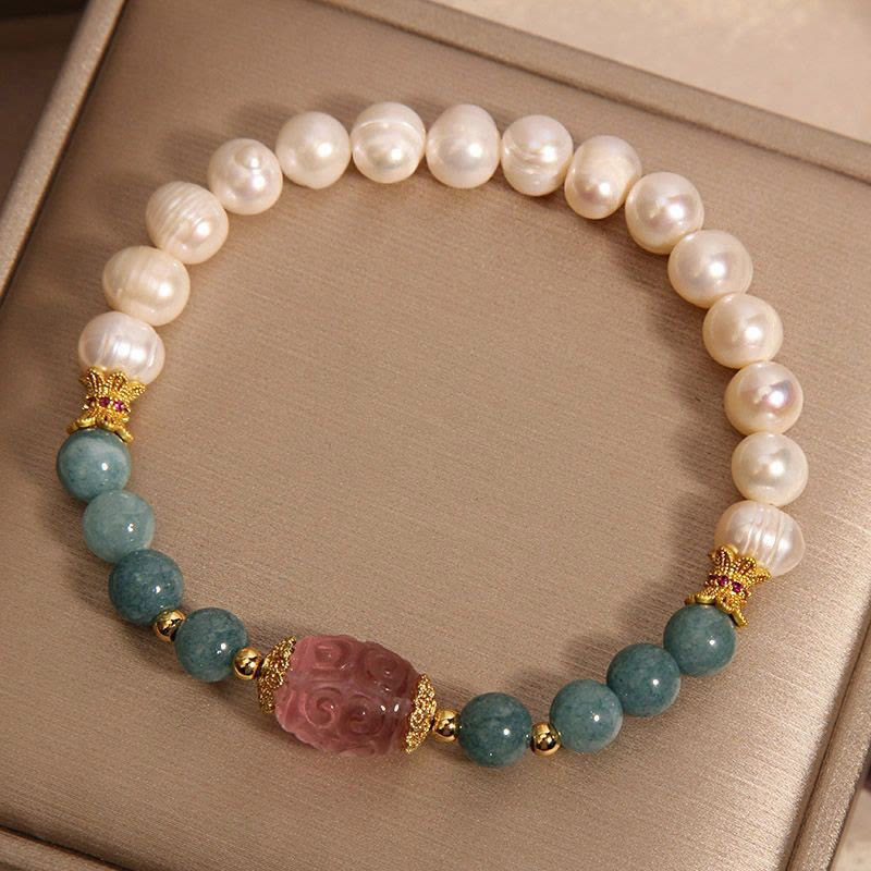 Buddha Stones Pearl Jade Strawberry Quartz Purity Bracelet - Pearl& Jade(Wrist Circumference: 14-16cm) - image 0