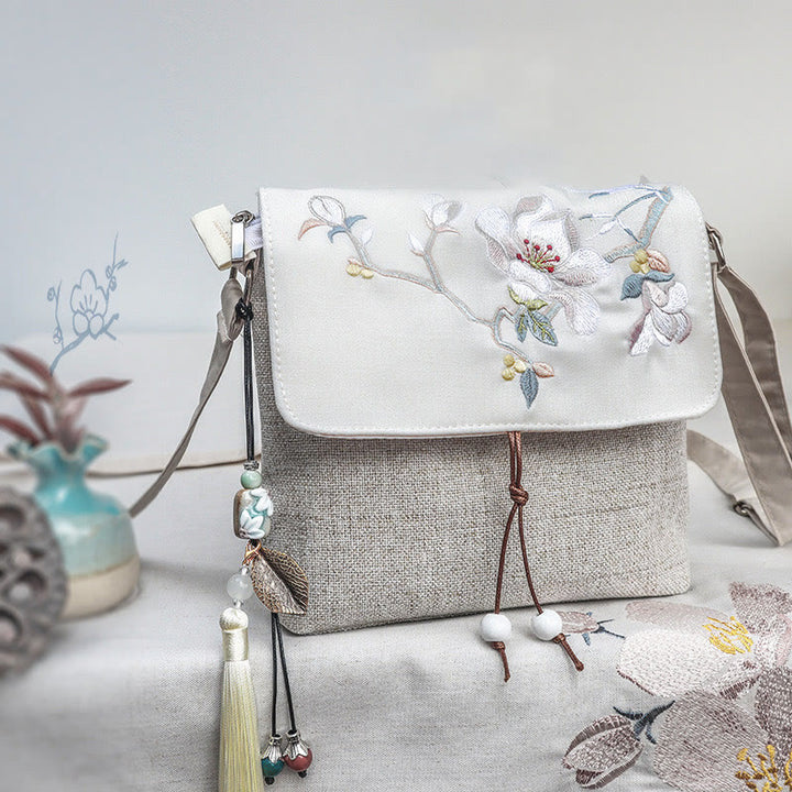 Buddha Stones Handmade Magnolia Embroidered Large Capacity Polyester Canvas Backpack - Magnolia - image 0