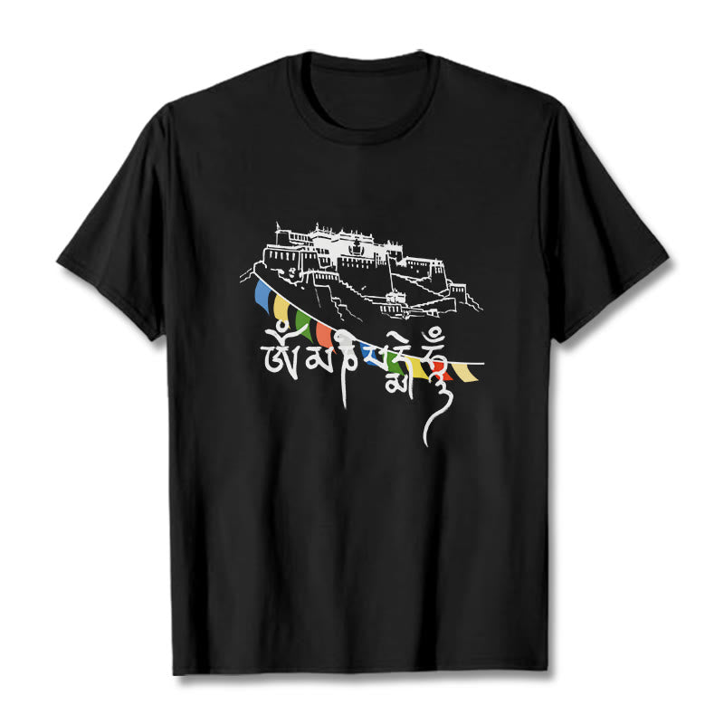 Buddha Stones Potala Palace Om Mani Padme Hum Prayer Flags Cotton Tee T-shirt - Black - 2XL - image 4